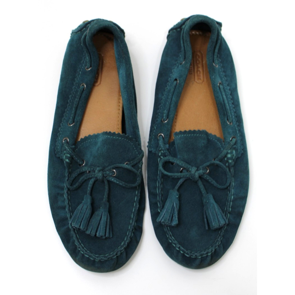 Coach Nadia Driver Loafers Women's 8.5 B Teal Suede Leather Slip On Tassel Bow